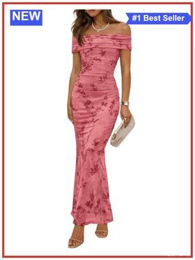 Off Shoulder Floral Bodycon Ruched Maxi Cocktail Dress Summer Formal